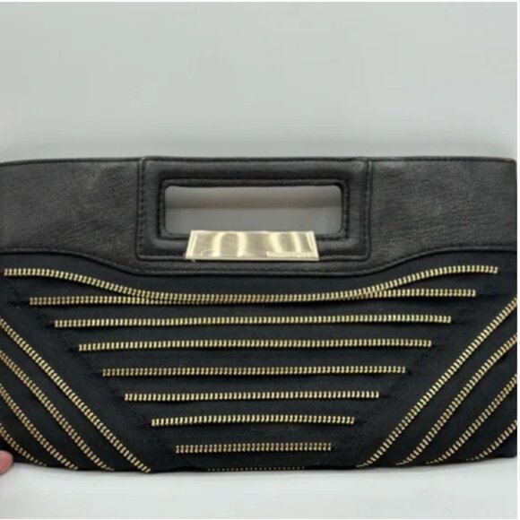 BCBGMaxAzria Black Clutch Genuine Leather Trim Elegant Gold Zipper Design - Picture 10 of 11
